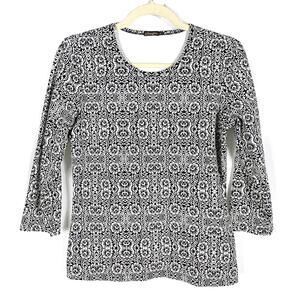 J McLaughlin Floral Top Black White Catalina Cloth‎ Pullover 3/4 Sleeve Sz S